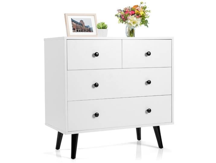 Commode Chambre 4 Tiroirs, Commode de Rangement en Bois, Kits Anti-Renversement, Chiffonnier Commode Blanc pour Chambre, Salon