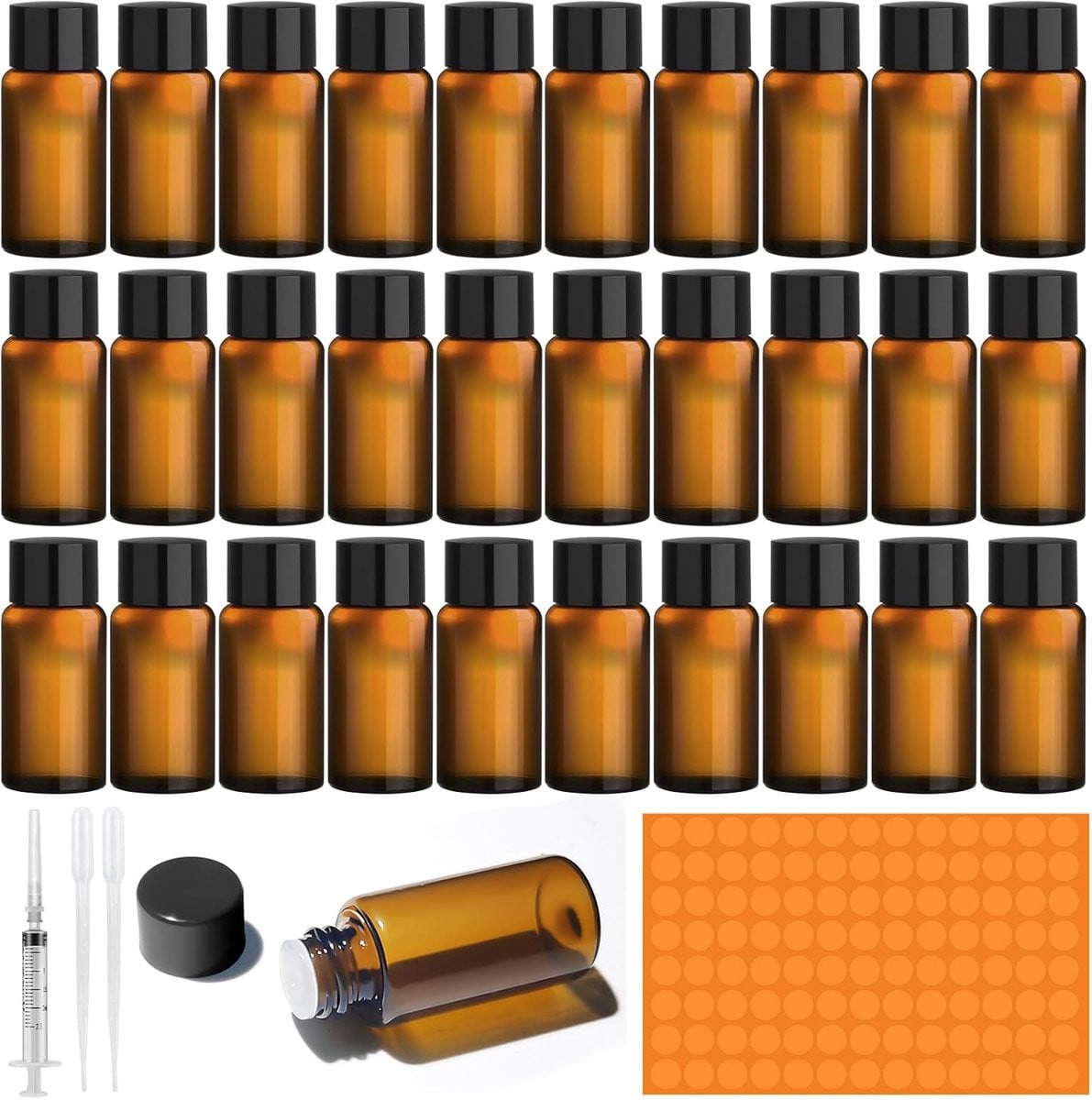 30 stuks lege bruine glazen flessen van 5ml met pipet en spray stickers voor essentiële olie, spa en massage