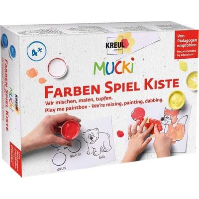 KREUL MUCKI Farben Spiel Kiste, 5 x 50 ml Fingermalfarbe, Wir mischen, malen, tupfen