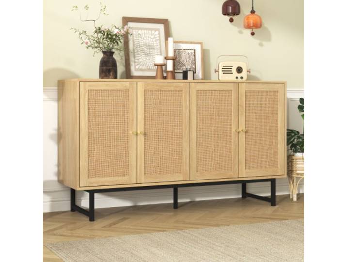 Buffet rangement 140x39 5x80 cm avec rotin véritable 4 portes meuble de rangement pour salon