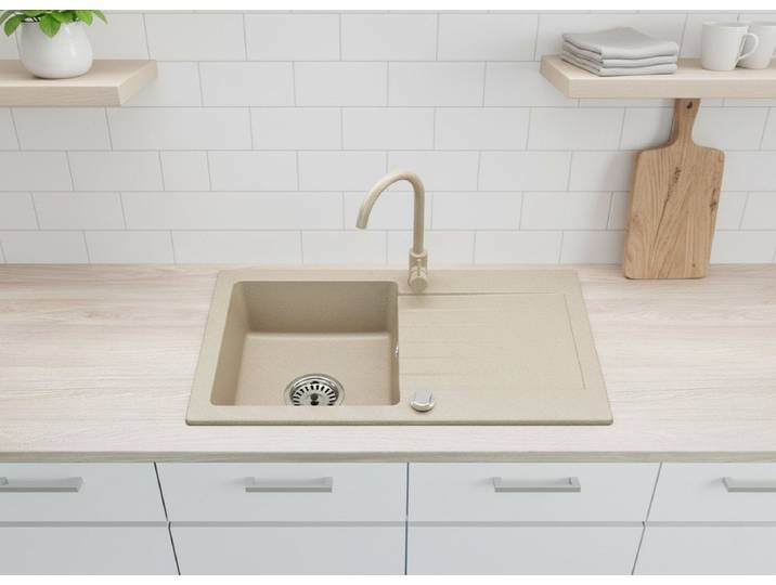 Faizee Möbel Granitspüle Faizee Home Granitspüle Alisha 75x43,5 cm Beige – Armatur & Siphon, rechteckig, 75/43.5 cm, Kratzfest, hitzebeständig bis 280 °C, reversibel montierbar, pflegeleicht, inkl. Armatur & Siphon-Set, (Komplett-Set, Komplettset mit passender Armatur & Siphon-Set), Reversibel montierbar, kratzfest, hitzebeständig, mit Armatur & Siphon