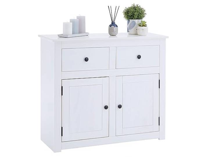 CARO-Möbel Kommode Paulo weiß aus Massivholz im Landhausstil mit 2 Türen und 2 Schubladen, Mexico Sideboard aus Kiefer mit Beschlägen und Griffen aus Metall