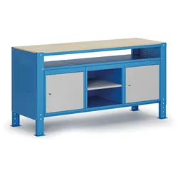 Werkbank G9, 2 Ablagen, 2 Schränke, höhenverstellbar, 1690 x 595 x 715-975 mm, grau/blau