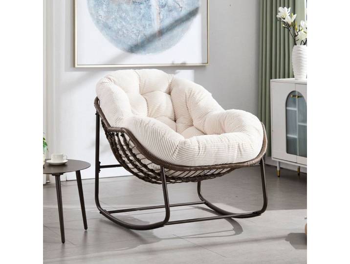 NuvlaGu - Fauteuil à bascule - d'extérieur - en rotin - Balancelle rembourrée - Velours côtelé - Blanc