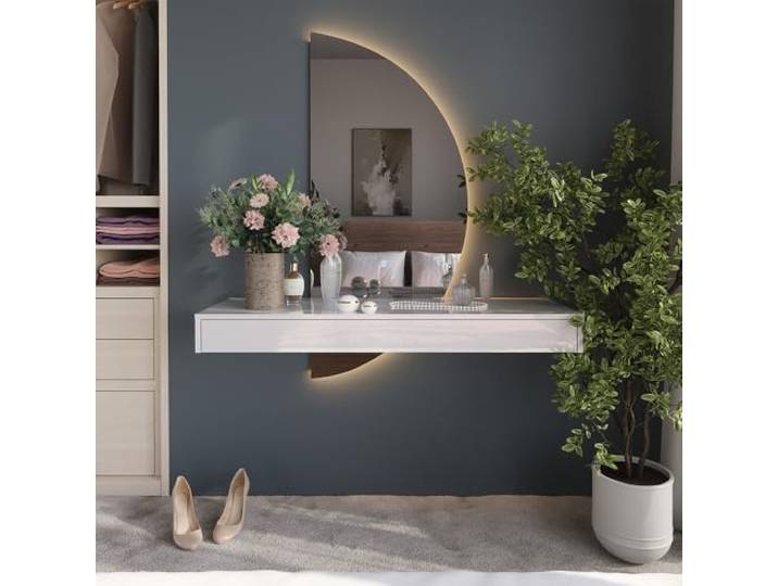 Vicco Schminktisch Sherry, Weiß Hochglanz 120 cm Schminkkonsole · LED-Spiegel, rechts ausgerichtet · Wandhängend · Schwebendes Design · Halbmondspiegel
