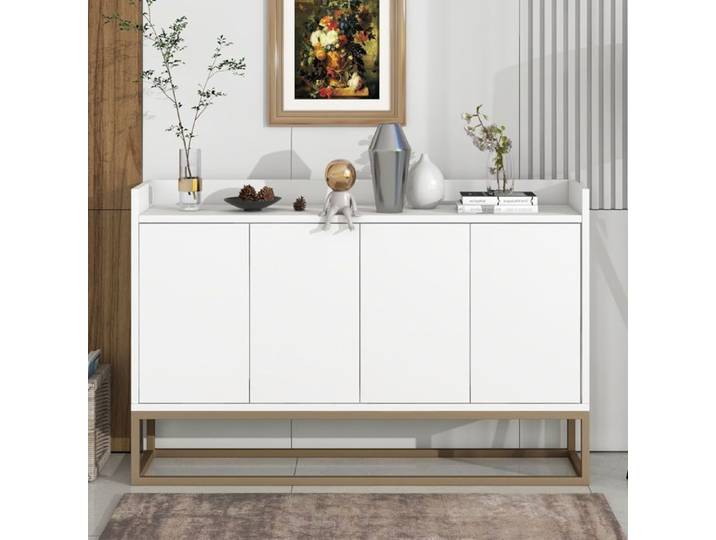 Buffet bas en bois blanc Buffet bahut Buffet salon avec 3 étagère et 4 portes Pieds en métal doré