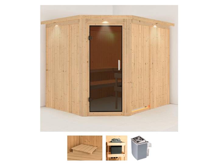 Sauna KARIBU Marit , beige (naturbelassen), Saunaofen, integrierte Steuerung, 9 kW, Saunen, Sauna, 9-kW-Ofen mit integrierter Steuerung
