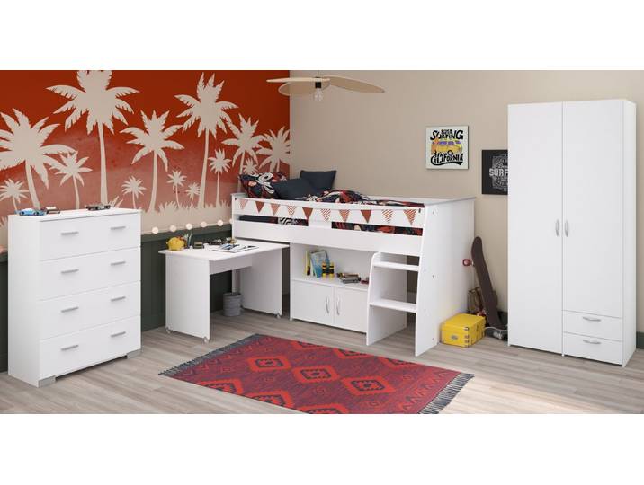 Parisot Jugendzimmer-Set Releave, (Kinderzimmer in weiß mit Hochbett, Schreibtisch, Kommode und Kleiderschrank), kein Lattenrost erforderlich