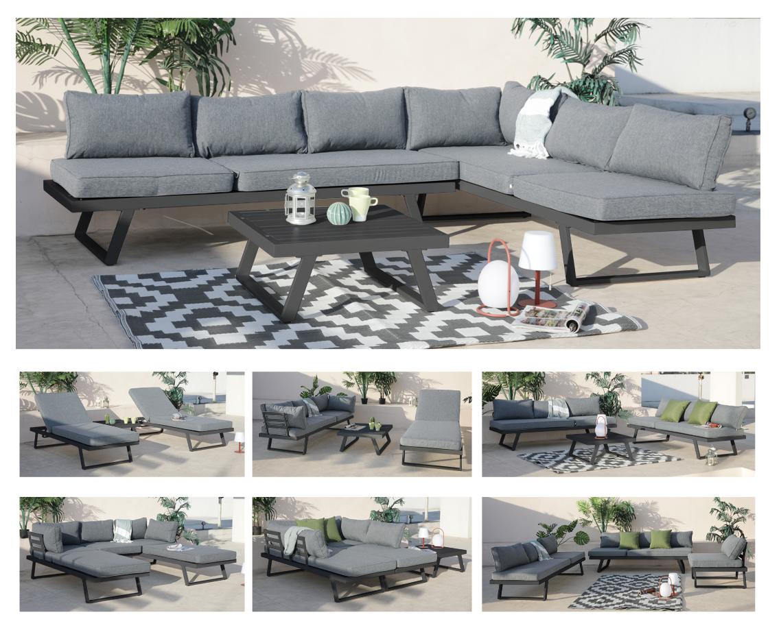 ALEOS. Gartenlounge Lounge aus Aluminium Multifunktionslounge Loungeecke Lounge Set Loungegarnitur Sitzgruppe Doppelliege Sofagarnitur CANCUN grau anthrazit mit bequemen Kissen