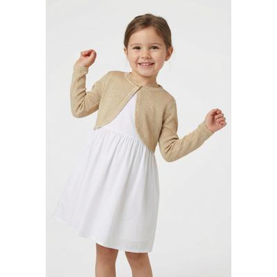 Bolero HAPPY GIRLS, Mädchen, Gr. 128, gold, Strick, Obermaterial: 70% Baumwolle, 30% Polyester, Glitzermuster, unifarben, festlich, bauchfrei, Rundhals, gewellter Abschluss, Strickjacken Bolero, im dezenten Glitzerlook und mit gewellten Kanten