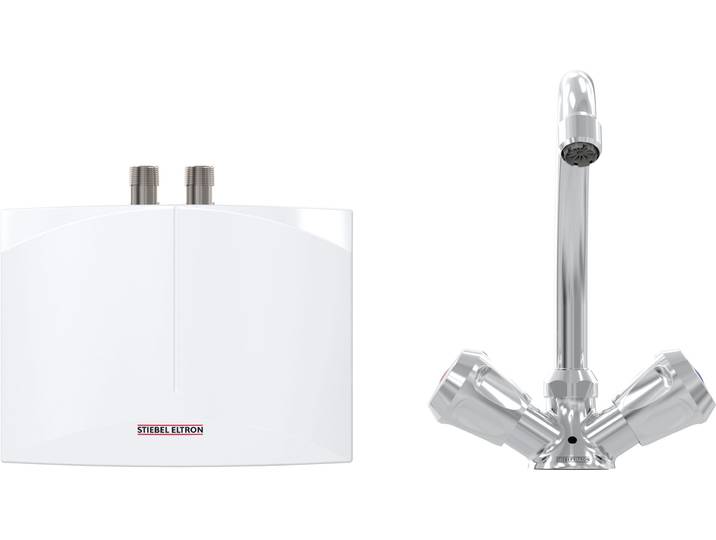 Klein-Durchlauferhitzer STIEBEL ELTRON DNM 3 + MAZ 2-Griff Armatur für Handwaschbecken, 3,5 kW, mit Stecker , weiß, B:19cm H:14,3cm T:8,2cm, Durchlauferhitzer, Klein-Durchlauferhitzer, hydraulisch, sofort handwarmes Wasser (ca. 35C)