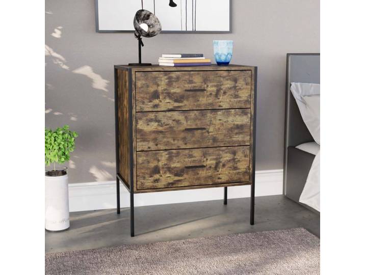 Commode Brooklyn en bois foncé avec 3 tiroirs poignées et glissières en métal – Meuble de chambre