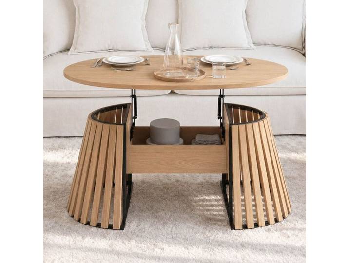 Table basse plateau relevable ovale CARMEN 110 cm pieds bois en lattes et plateau bois