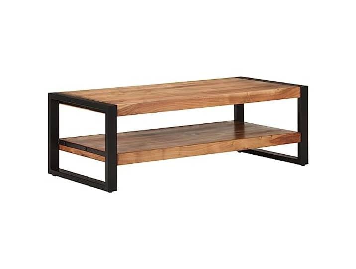 Roanoer Couchtisch Massivholz Akazie 120x55x40 cm Beistelltisch Rustikaler Wohnzimmer Tisch aus massivem Echtholz mit 2 Ablagen und stabilen Metallbeinen für Bücher und Dekoration.