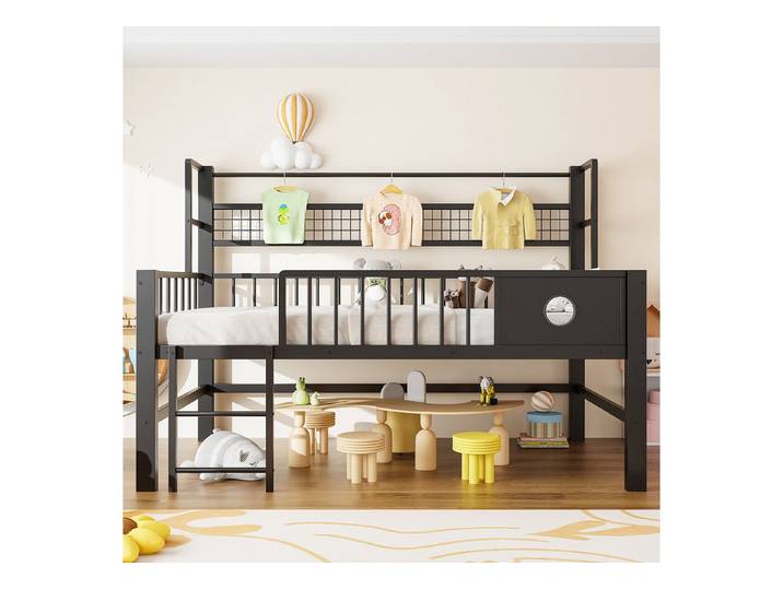 MODFU Kinderbett mit Metallrahmen & Ablagefächern (Jugendbett Metallbett mit zusätzlichem Stauraum, Kinderbett 90x200 cm), Inklusive Matratze
