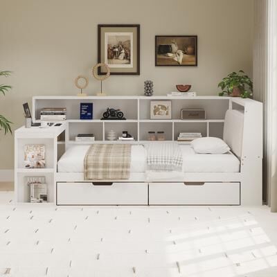 Unbranded L-shaped Wooden Daybed with Desk and Storage Bookcase and LED Light for for Bedroom Living Room