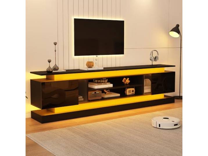 Merax TV Schrank mit LED, Moderner TV Lowboard mit 2 Falttür, offenen Fächern, verstellbare Einlegeböden, Fernsehschrank für 75 Zoll TVs, Hochglanz TV Bank für Wohnzimmer Esszimmer, 180cm, Schwarz