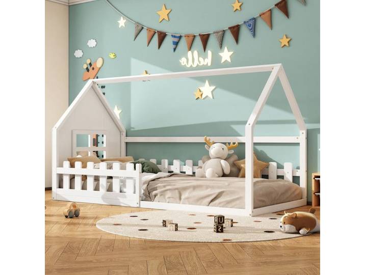 Lit 1 Personne Lit Plat 90 x 200 cm Lit Enfant se Présente Sous la Forme Unique D'Une Maison Lit Cabane avec Garde-Corps Blanc