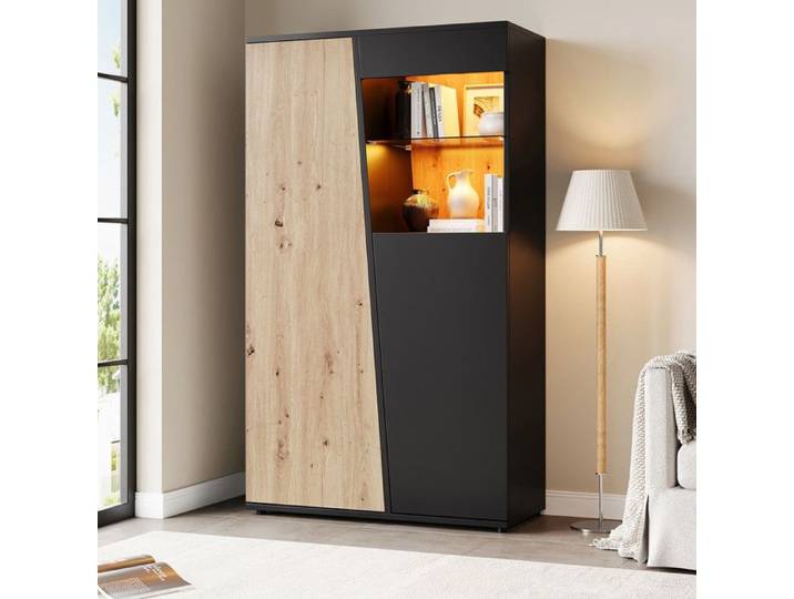 Vitrine avec éclairage LED Porte en Bois + Bibliothèque de Cloison en Verre Armoire de Rangement Haute compartiments 80x35x139.5cm