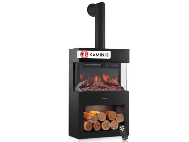 KAMINIO® Henri Cheminée électrique avec Chauffage & Tuyau de poêle\, Noire Cheminée décorative sur pied avec effet de flamme\, feu 3D\, compartiment éclairé par LED\, thermostat\, minuterie\, télécommande