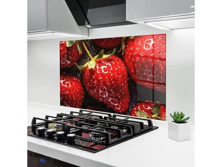 ARTHUB® Küchenrückwand aus Glas 60x100 cm, Wet Strawberries Spritzschutz, Fliesenspiegel, Glasplatte, Herdspritzschutz, Wandschutz für Herd, Küche, Hartglas, Lebensmittel, Früchte