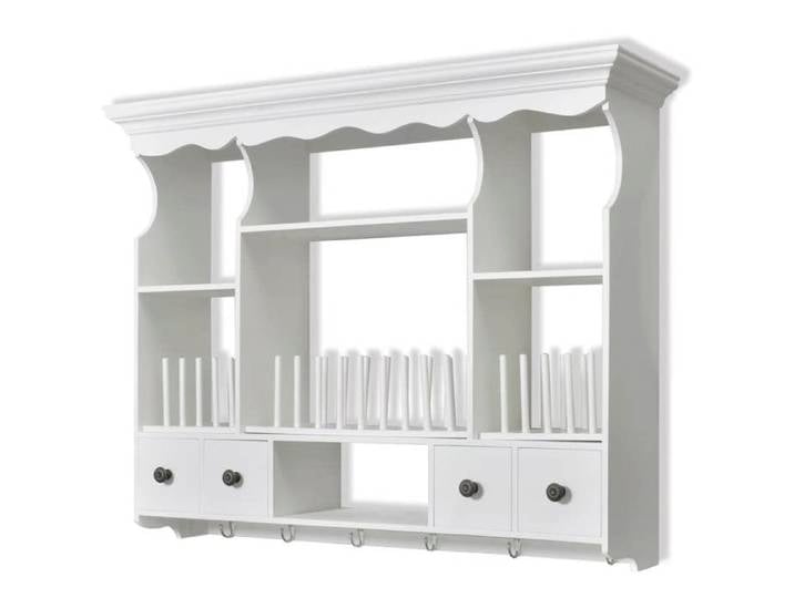 Armoire murale de cuisine en bois - JILL - Blanc - 90 5x22 5x70 3 cm - 4 tiroirs - 4 étagères - Crochets intégrés