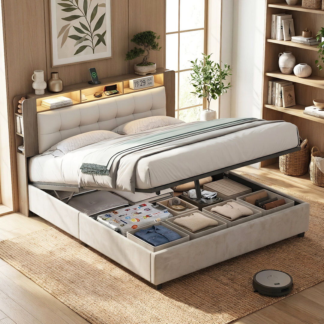Ivy Bronx EU Double/King Ottoman Bed With Bookcase Headboard, Storage Frame With LED Lights & Wireless Charging, White & Oak Effect Beige European Double (140 x 200 cm)