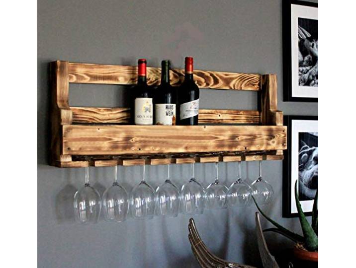 Dekorie Weinregal aus Holz für die Wand - mit Gläserhalter - Geflammt - fertig montiert - Regal für Weinflaschen und Weingläser fürs Esszimmer 90 x 35 x 15 cm