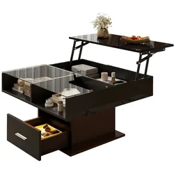 Multifunktionaler Hochglanz-Lift-Couchtisch 78x78x59,5 cm Schwarz mit LED-Beleuchtung und Stauraum für Wohnzimmer