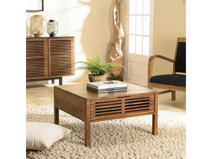Table basse carrée 70x70 cm bois exotique 2 tiroirs opposés KANHA