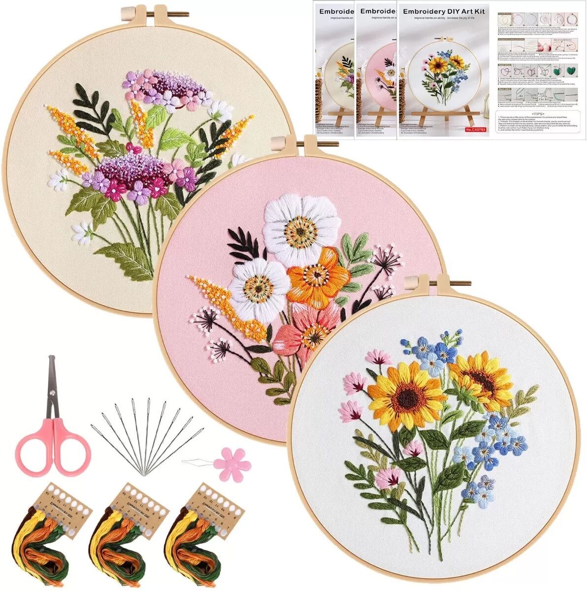 INF DIY Handstickerei Starter Kit - 3 Sets mit floralen Mustern, Reifen und Werkzeugen