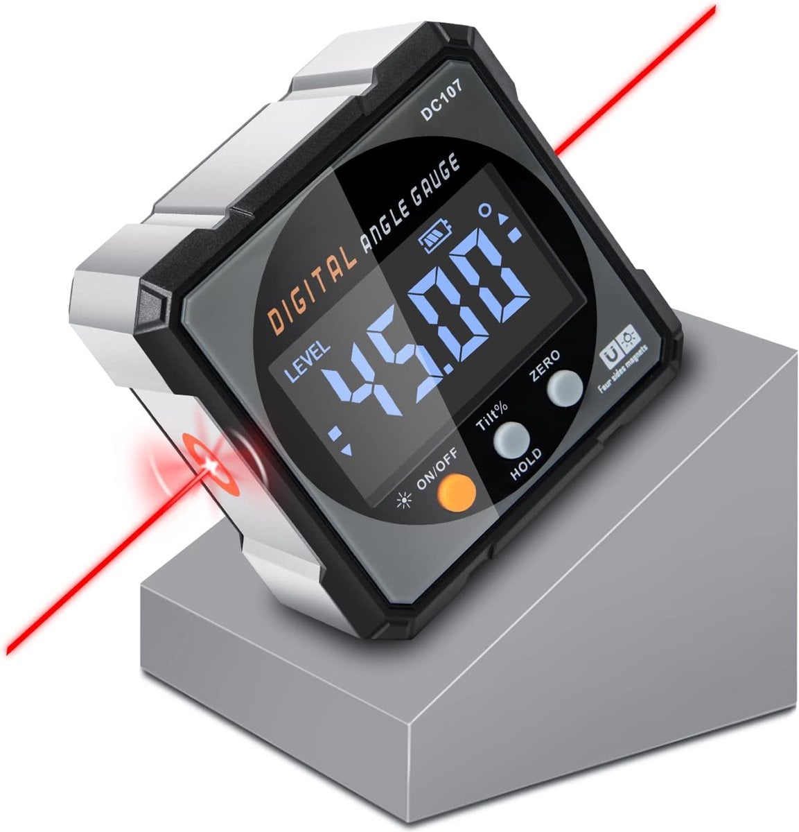 Digitale hoekzoeker met 4-zijdige magnetische waterpas en laser, precisie meetinstrument met LED-achtergrondverlichting, zwart