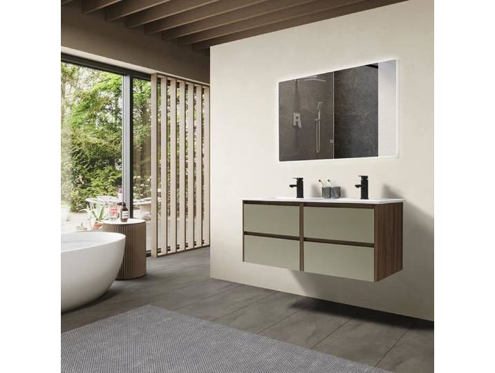LuxuryBain - Meuble de salle de bain double vasque 120cm bois et vert avec miroir led