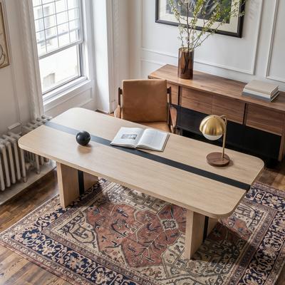 Timechee Large Executive Desk for Home Office, 7.2ft Oval-Rectangular Conference Table with Inlaid Metal Tube Line,Computer Table