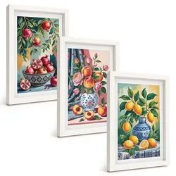 BILDER SET 3er Set - 20x30 cm Weißer Rahmen - Blumen und Früchte in Vasen