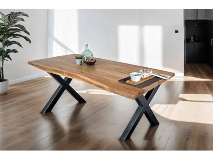 SAM Esstisch Tomaso 200x100 cm Akazie natur Baumkante X-Gestell schwarz Baumkantentisch massiv, Akazienholz naturfarben, Metallgestell