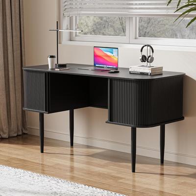 FURNIWAY "55"" Modern Writing Desk with Storage and Sliding Doors Computer Desk for Home Office"
