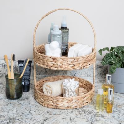 Household Essentials "Water Hyacinth 2‑Tier Tray with Iron Frame - 9.8""L x 9.8""W x 15.0""H"