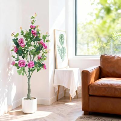 YUN 4ft Artificial Rose Tree with White Pot, Lifelike Faux Flower Plant for Indoor Outdoor Decor