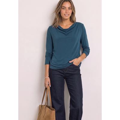 Langarmshirt STREET ONE, Damen, Gr. 44, blau (blau petrol), Stoff, 70% Modal, 30% Polyester, unifarben, normal normal, Wasserfallausschnitt, abgesteppt, Shirts Langarmshirt, mit Wasserfallausschnitt