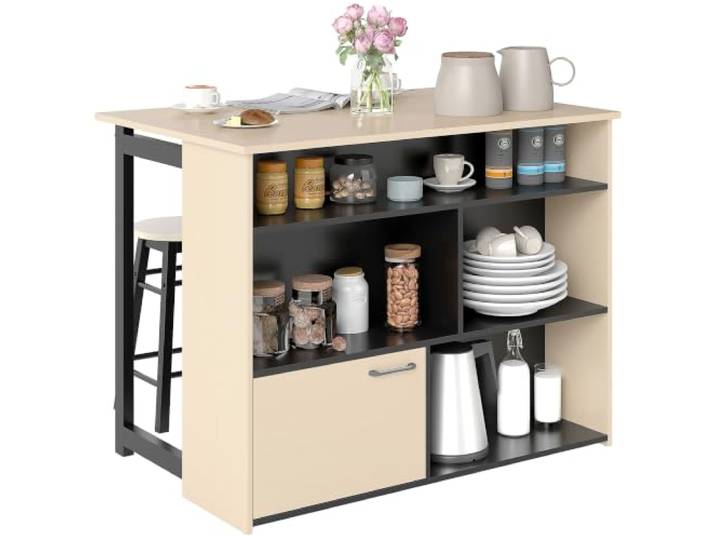 HOMCOM Bartisch mit Barhocker Set, Schrank, 2 Stühlen, Fußstütze, Eiche