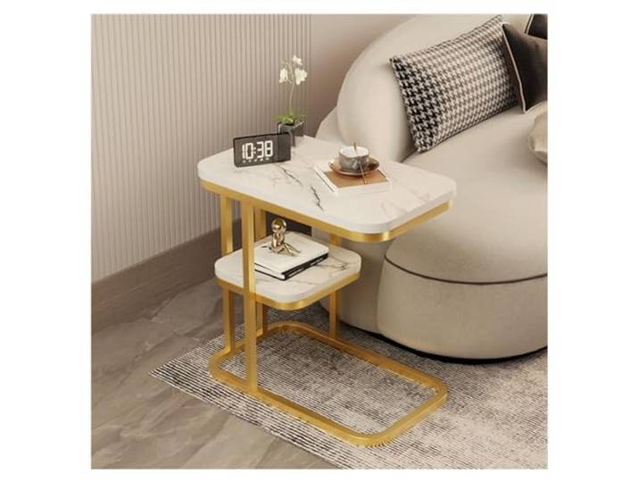 C-förmiger Marmor-Beistelltisch mit doppellagigem Ablagefach for Wohnzimmer Schlafzimmer und Sofa-Snack-Tisch(White,Double layer)