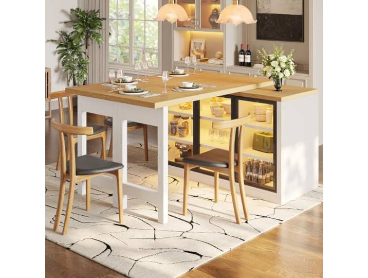 Crlnaup Multifunktionaler Esstisch Seiten-Schrank Kombination, 360° drehbare, smartes Farblichtsystem, Kücheninsel Esszimmermöbel im modernen Design, Ausziehbarer Kücheninsel-Esstisch, Weiß