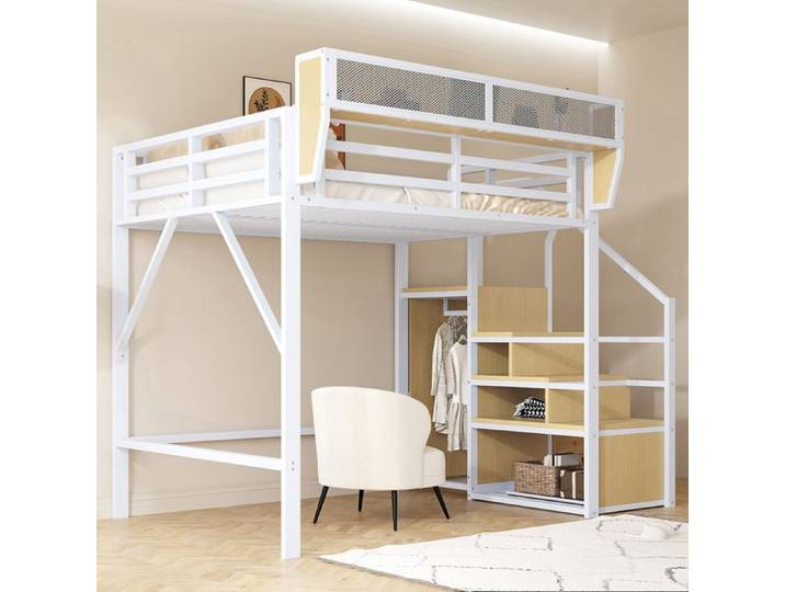 Lit mezzanine 140x200 cm métal Échelle sécurité rangement flexible Blanc