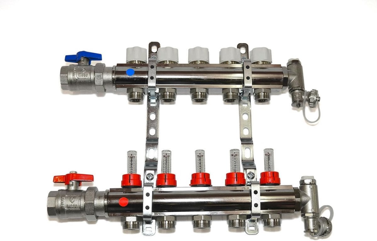 Verdeler voor vloerverwarming met flowmeters en aansluitset
