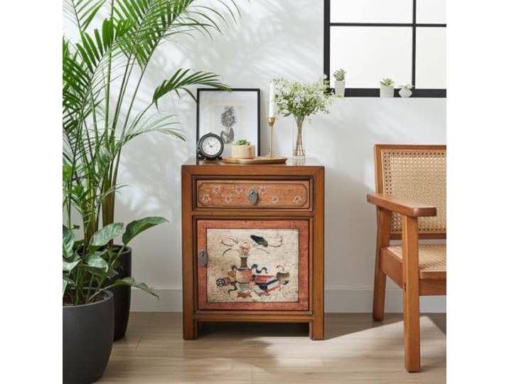 OPIUM OUTLET Chinesisches Nacht-Schränkchen asiatischer Nachttisch Kleiner Nacht-Schrank orientalische Schlafzimmer-Kommode Konsole Shabby-chic braun-beige, komplett montiert