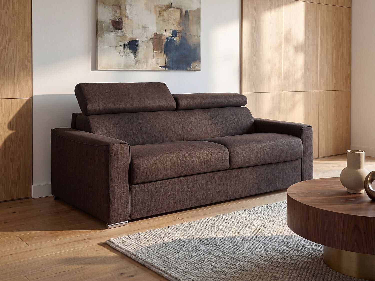 Unique Kanapa 3-osobowa rozkładana typu express z brązowej tkaniny z siedziskiem z pianki z pamięcią kształtu - pow. spania na szerokich listwach 140 cm - Materac 18 cm z pianki z siedziskiem z pianki i z pamięcią kształtuVIZIR