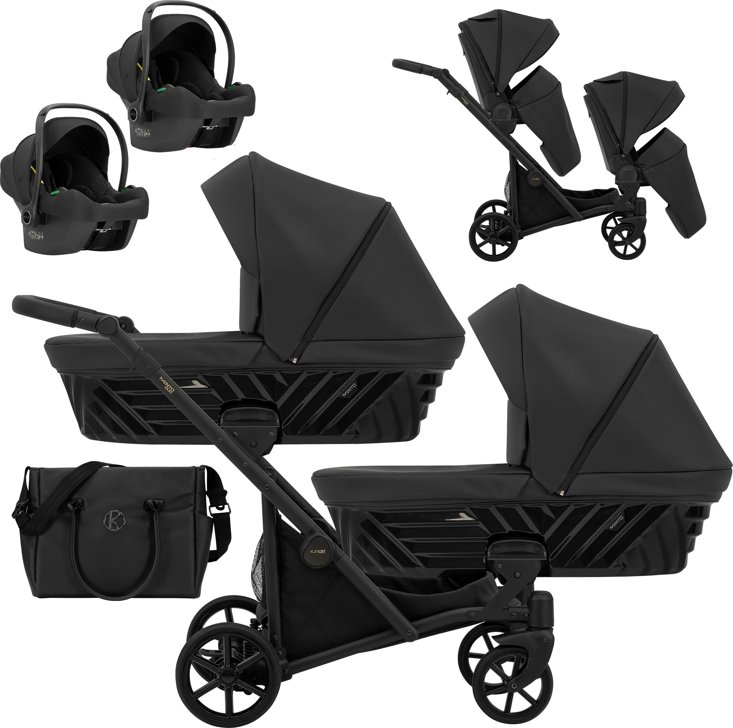 Kunert Ivento Duo 3-in-1 Zwillingskinderwagen Schwarz Perl mit Babyschale, schwarzer Rahmen