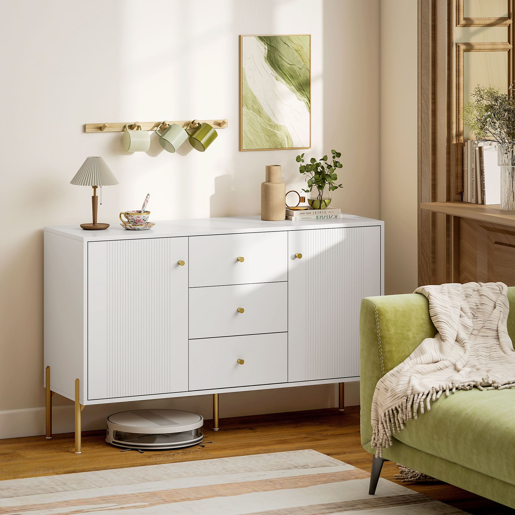 Homcom Credenza Moderna, Mobile Bar da Caffè con 3 Cassetti Silenziosi, 2 Ripiani Regolabili, 5 Gambe in Acciaio, Bianco   Aosom Italy