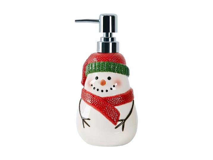 Seifenspender DIAQUA Schneemann 400 ml, Rot/Grün/Weiss , bunt (grün, rot, weiß), B:9cm H:19cm T:9cm, Keramik, Dosierspender, Seifenspender